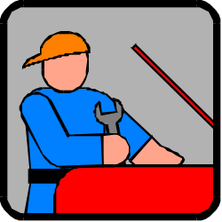 Man in Blue Shirt and Orange Hat at Desk Clipart