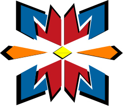 Dynamic Red, Blue, and Yellow Logo with Arrows for Visual Branding