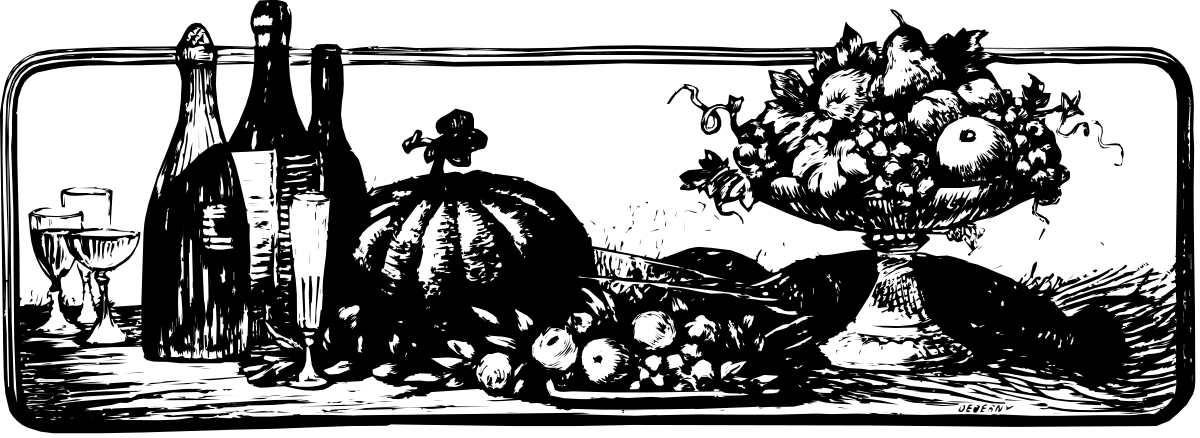 Black and White Illustration of a Man Sitting at a Table with a Bottle of Wine
