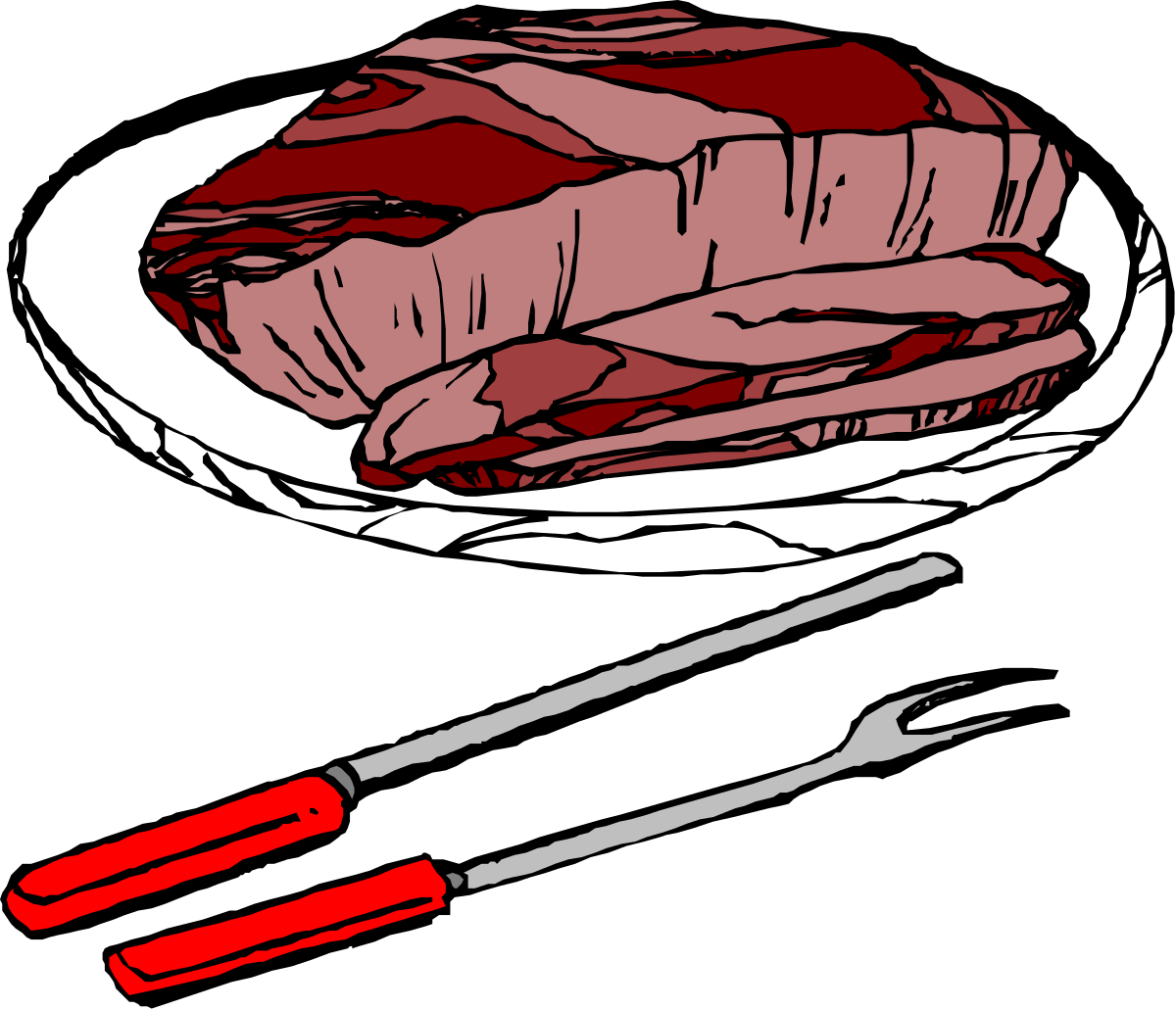 Plate of Meat with Knife and Fork Clipart - Delicious Dining Set