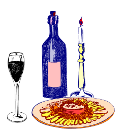 Plate of Food and Wine Bottle Clipart Illustration