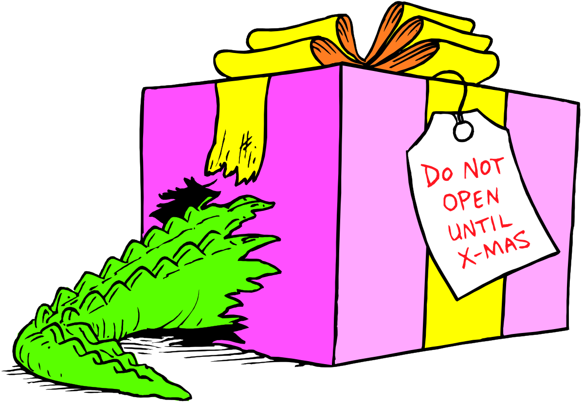 Crocodile Inside a Gift Box Clipart - Whimsical Green Lizard Illustration