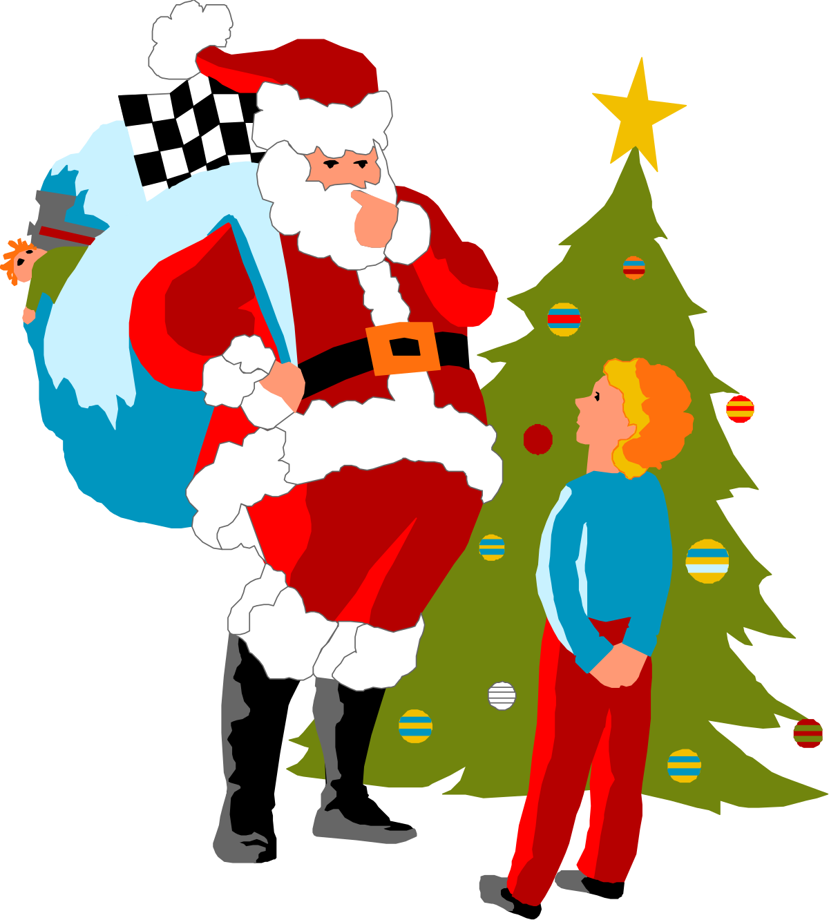 a santa claus and a little boy decor a christmas tree clip art png transparent Santa Claus and Little Boy Decorating Christmas Tree Clipart