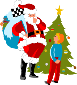 Santa Claus and Little Boy Decorating Christmas Tree Clipart