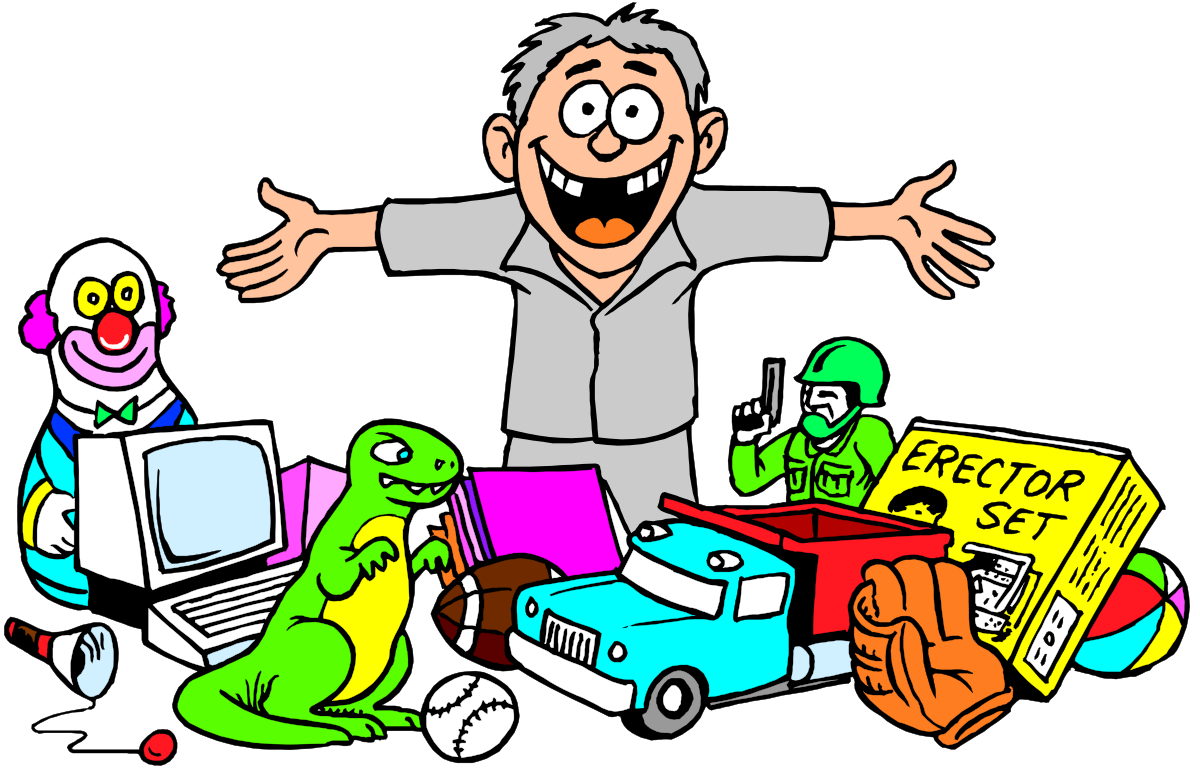Man Surrounded by Toys Clipart - Playful and Colorful Graphics