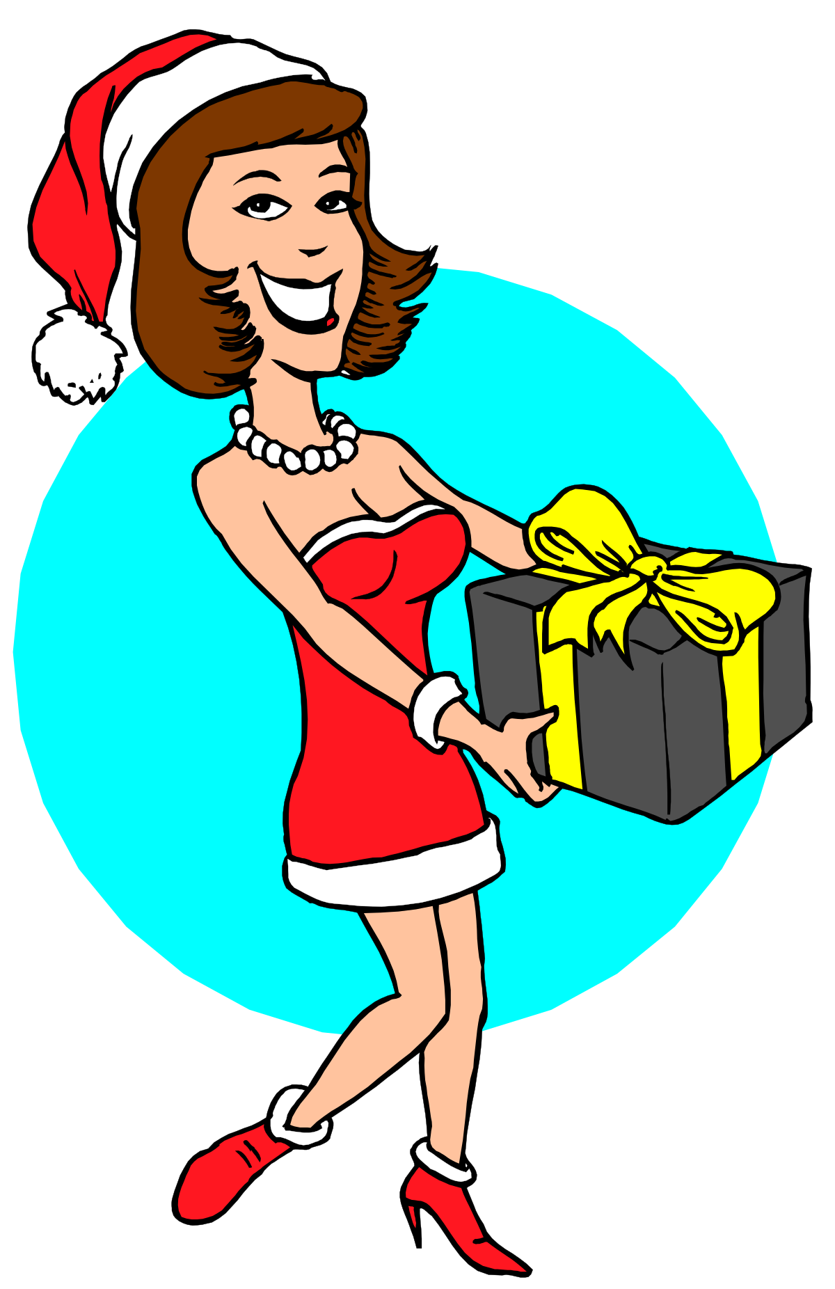 Santa Claus Hat Woman Carrying Gift Clipart