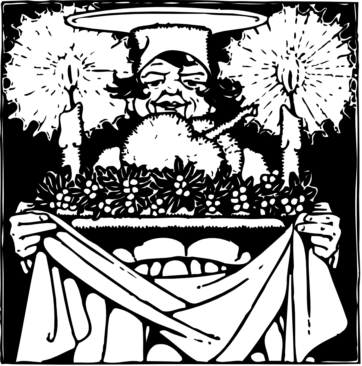 Black and White Clipart of a Man Holding a Flower Basket