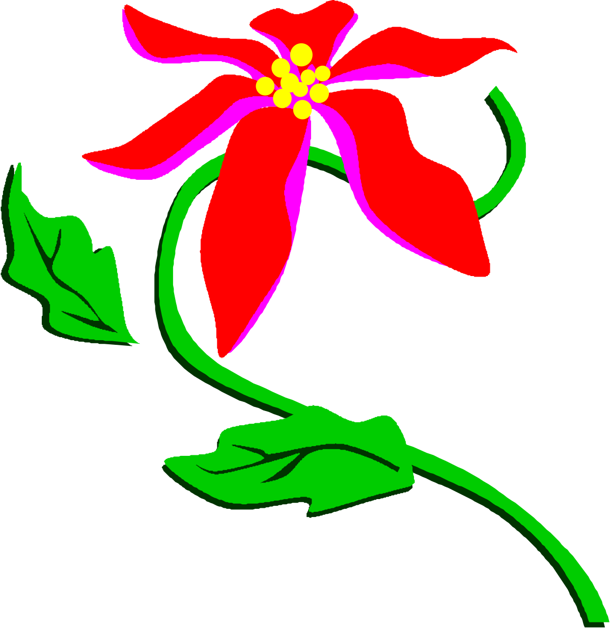 Flower Clipart: Vibrant Red Petals with Lush Green Leaves