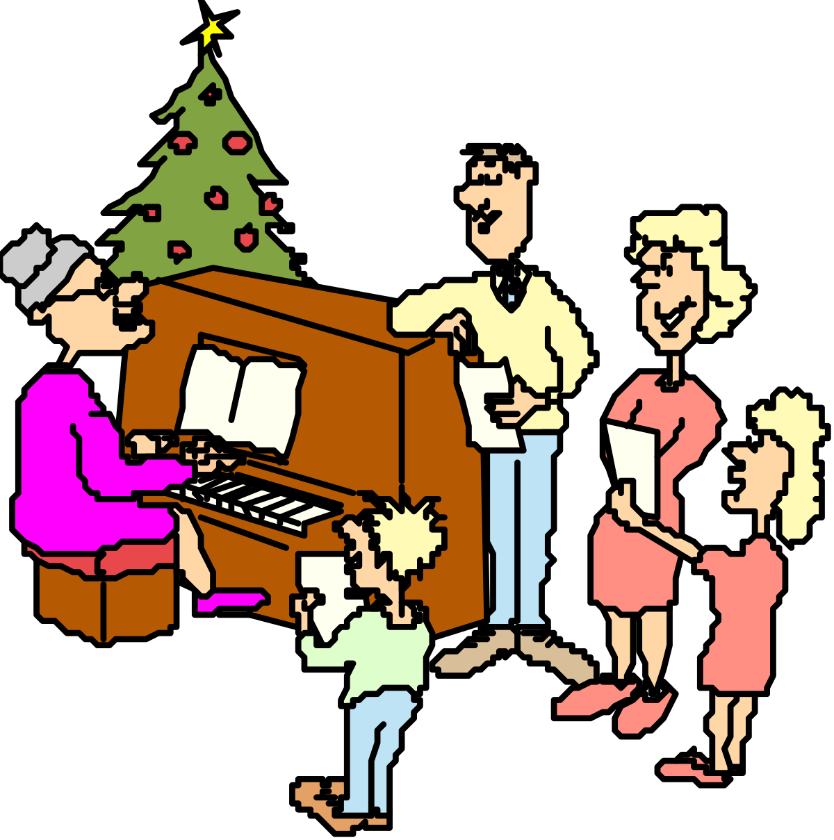 Family Celebrating Christmas with Piano and Tree Clipart