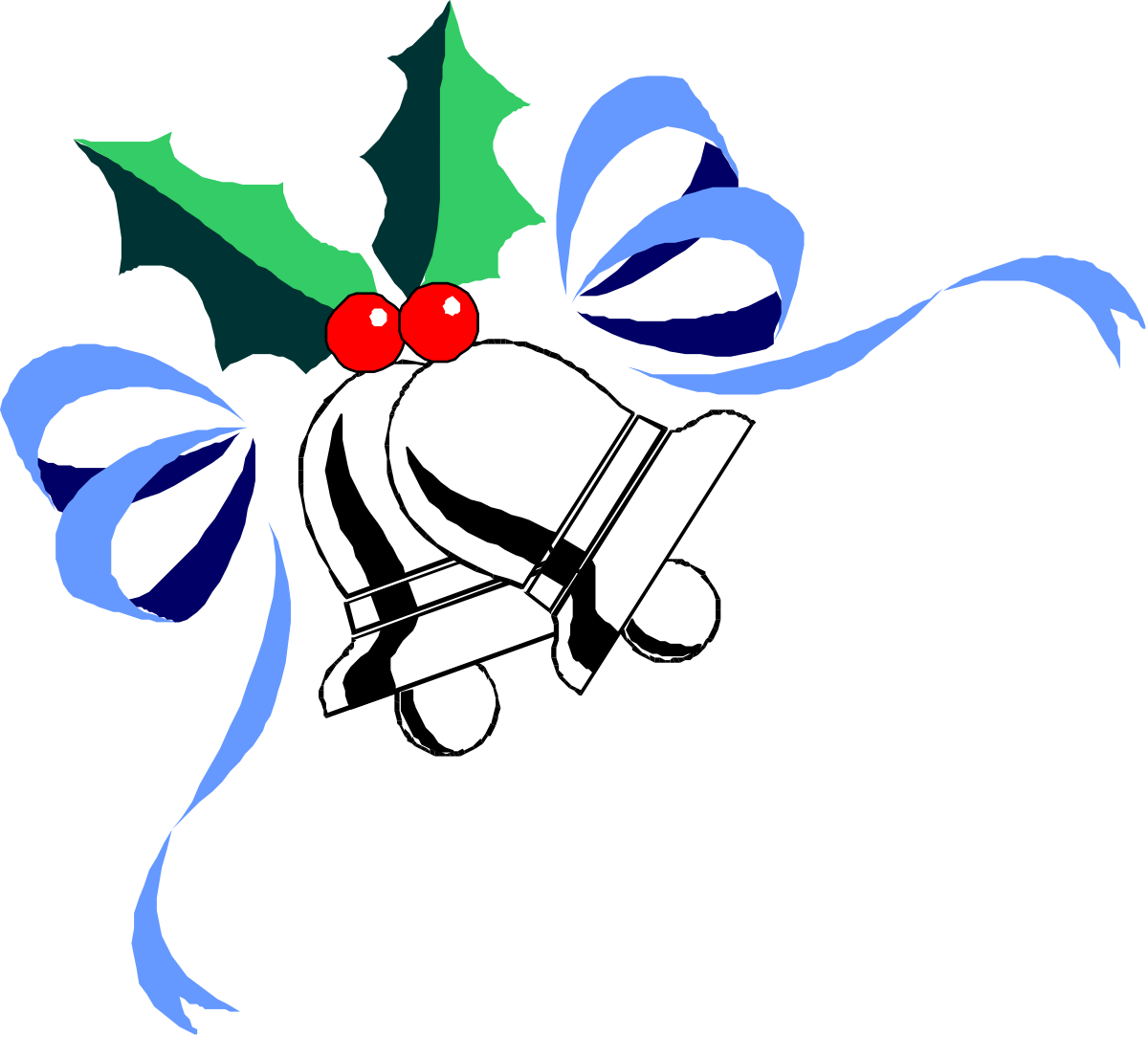 White Christmas Bell with Blue Ribbon and Holly - Festive Clipart