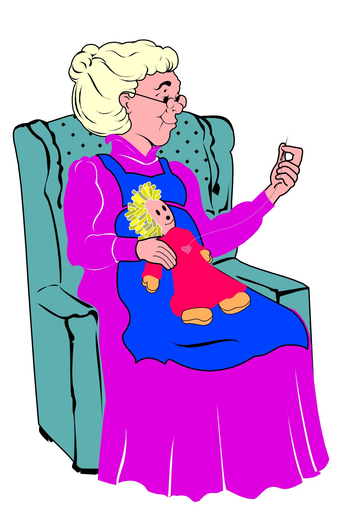 Old Woman Sitting in Chair with Teddy Bear Clipart