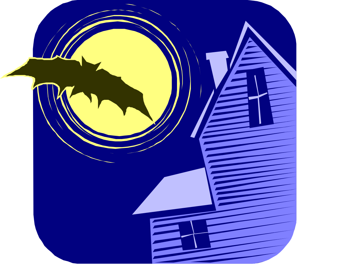 Bat Flying Over a House Clipart: Spooky Halloween Scene
