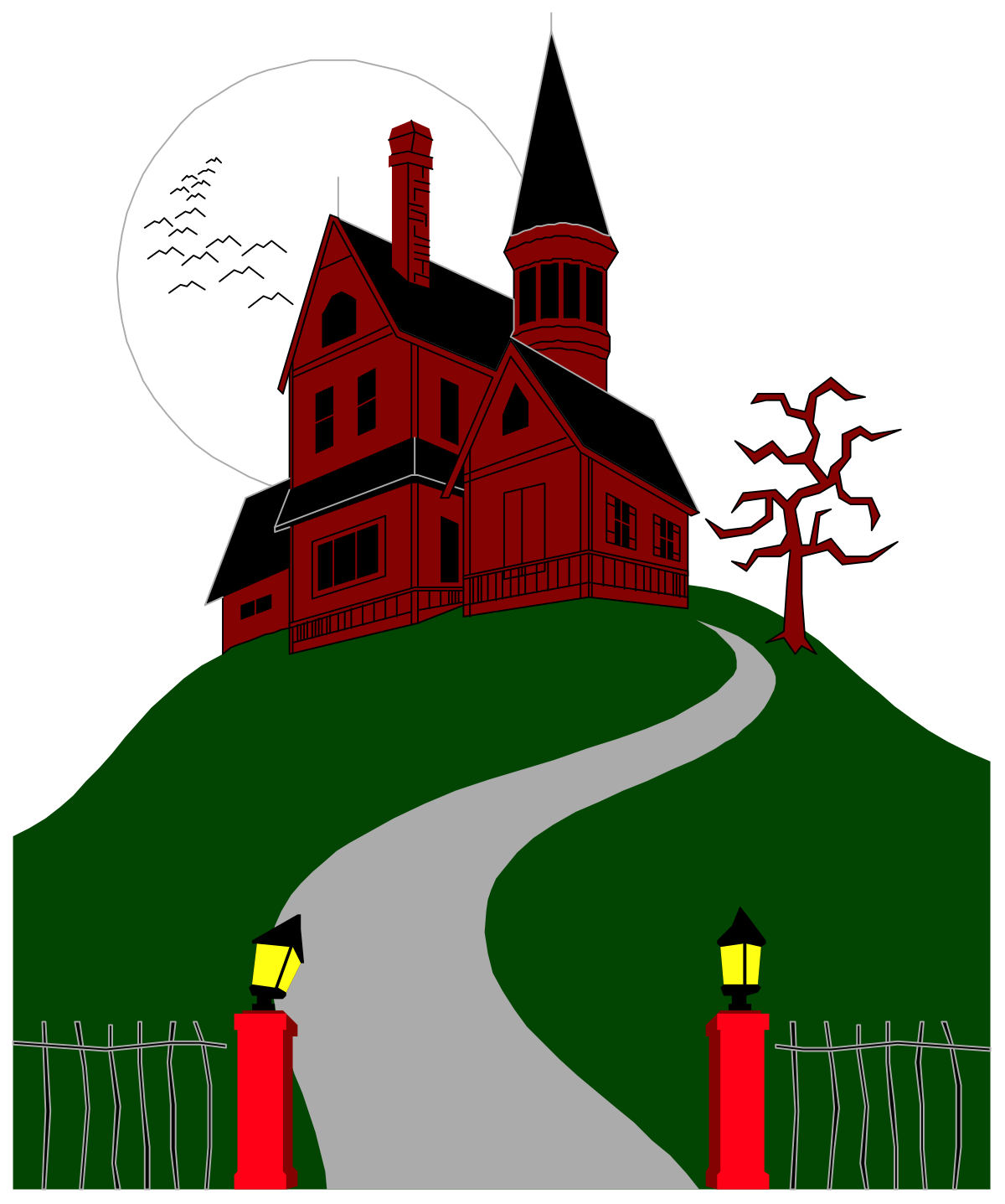 Red House Under Full Moon - Vibrant Clipart Scene