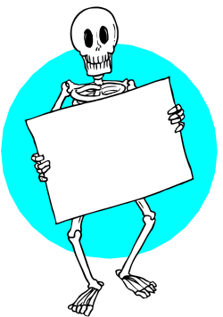Skeleton Holding a Sign with Blue Circle Background Clipart