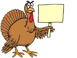 Cartoon Turkey Holding Sign - Fun Thanksgiving Clipart