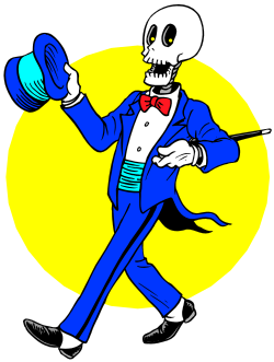 Skeleton in Suit and Bow Tie Holding a Hat - Unique Clipart