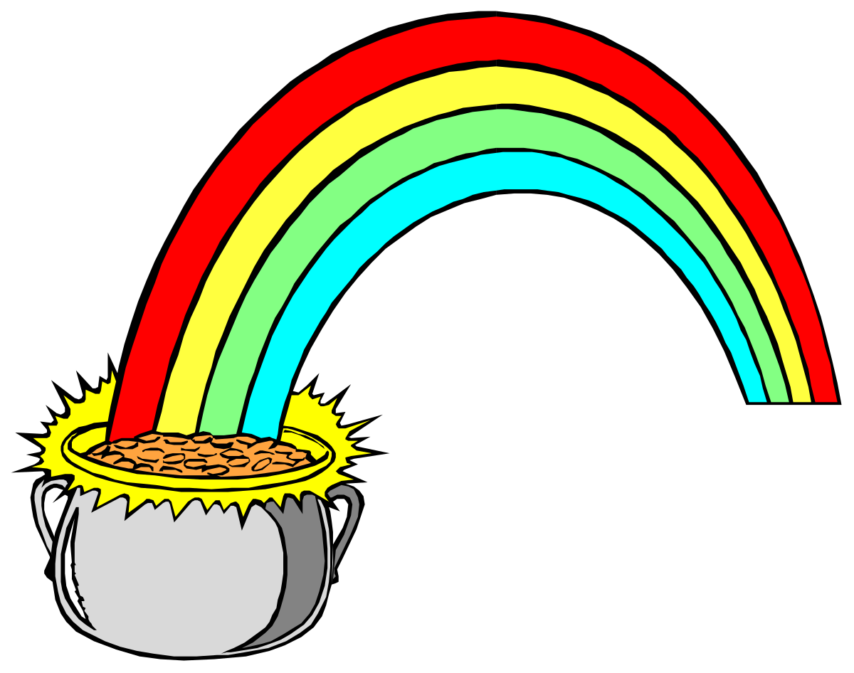 a pot of gold with a rainbow in the background clip art png transparent Pot of Gold with Rainbow - Magical Clipart Scene