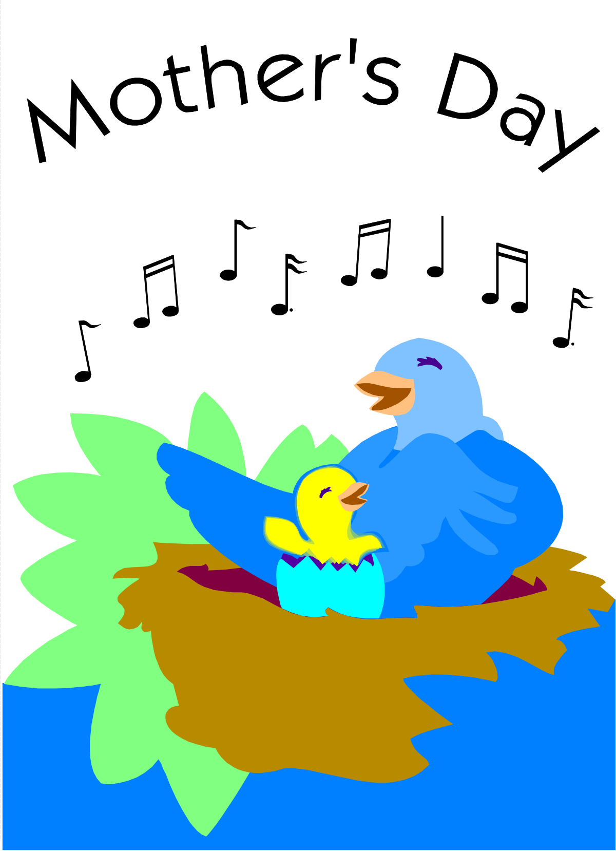 Bird and Baby on Leaf - Whimsical Clipart Scene