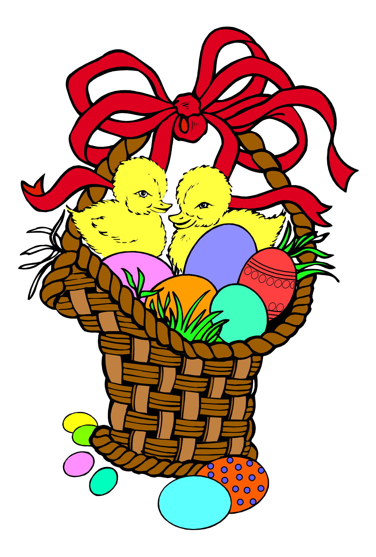 Easter Basket Filled with Colorful Eggs and Red Bow Clipart