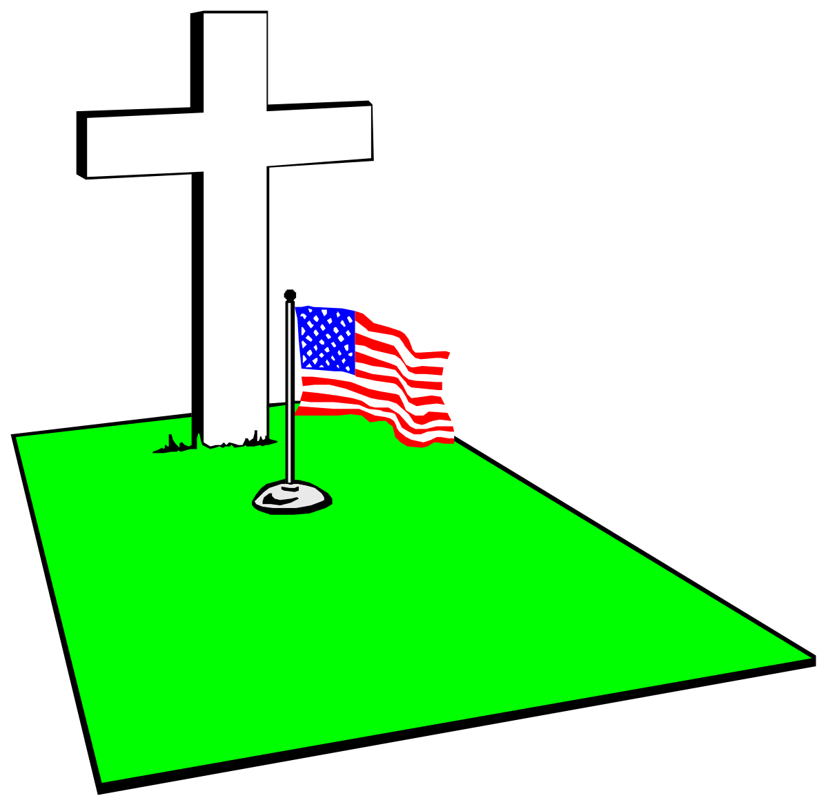 American Flag and Cross on Verdant Field Clipart
