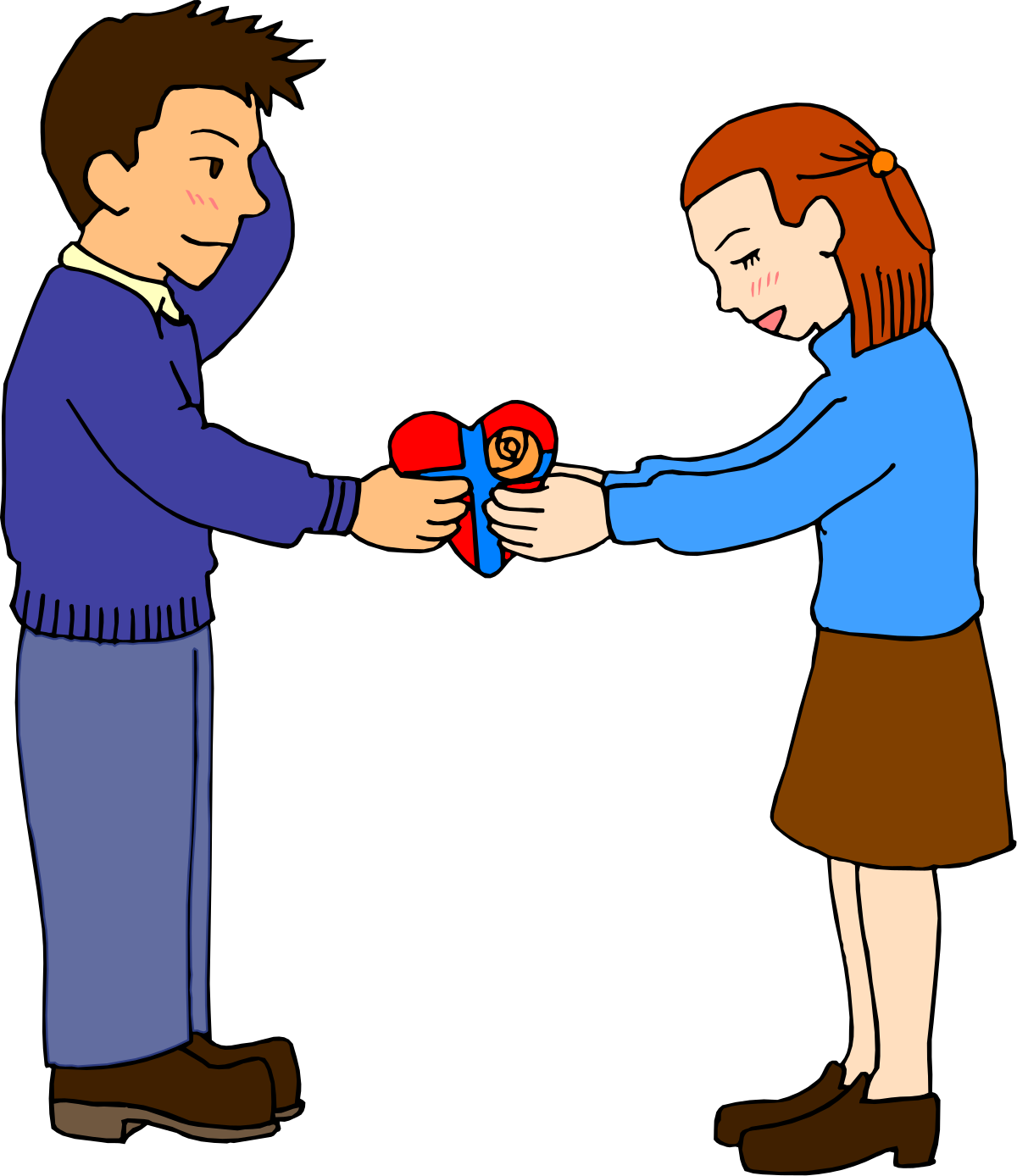 Heart Exchange: Man and Woman Sharing a Red Heart Clipart
