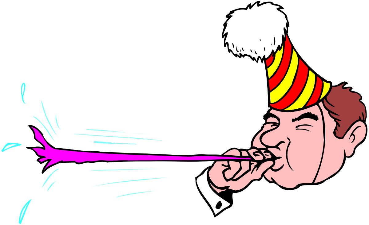 Man Blowing Balloon with Rainbow Colored Hat Clipart