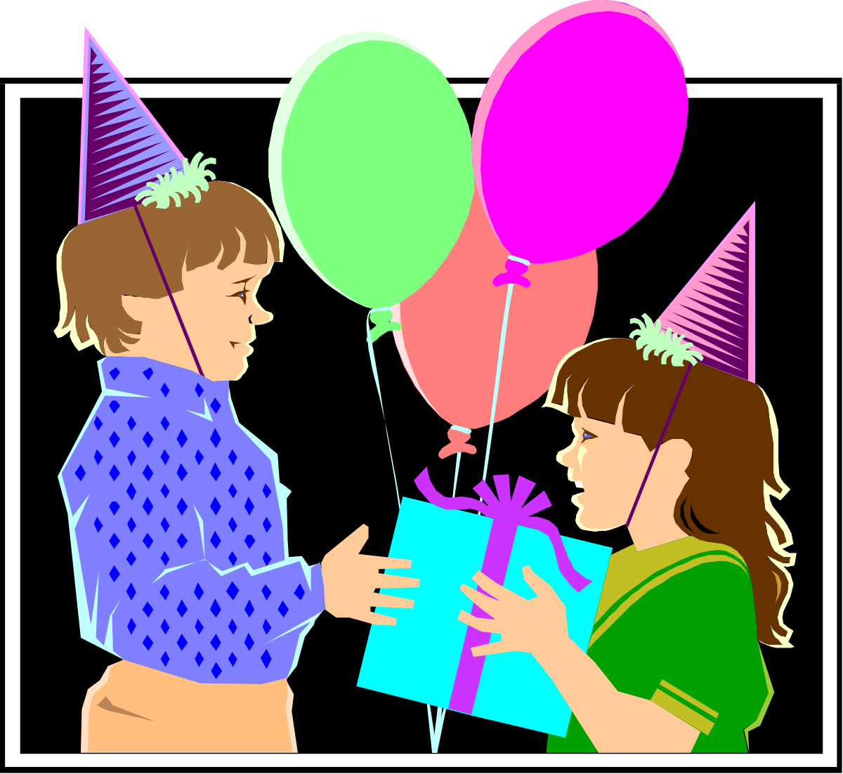 Birthday Celebration Clipart for Kids: Two Children with Hats and Balloons
