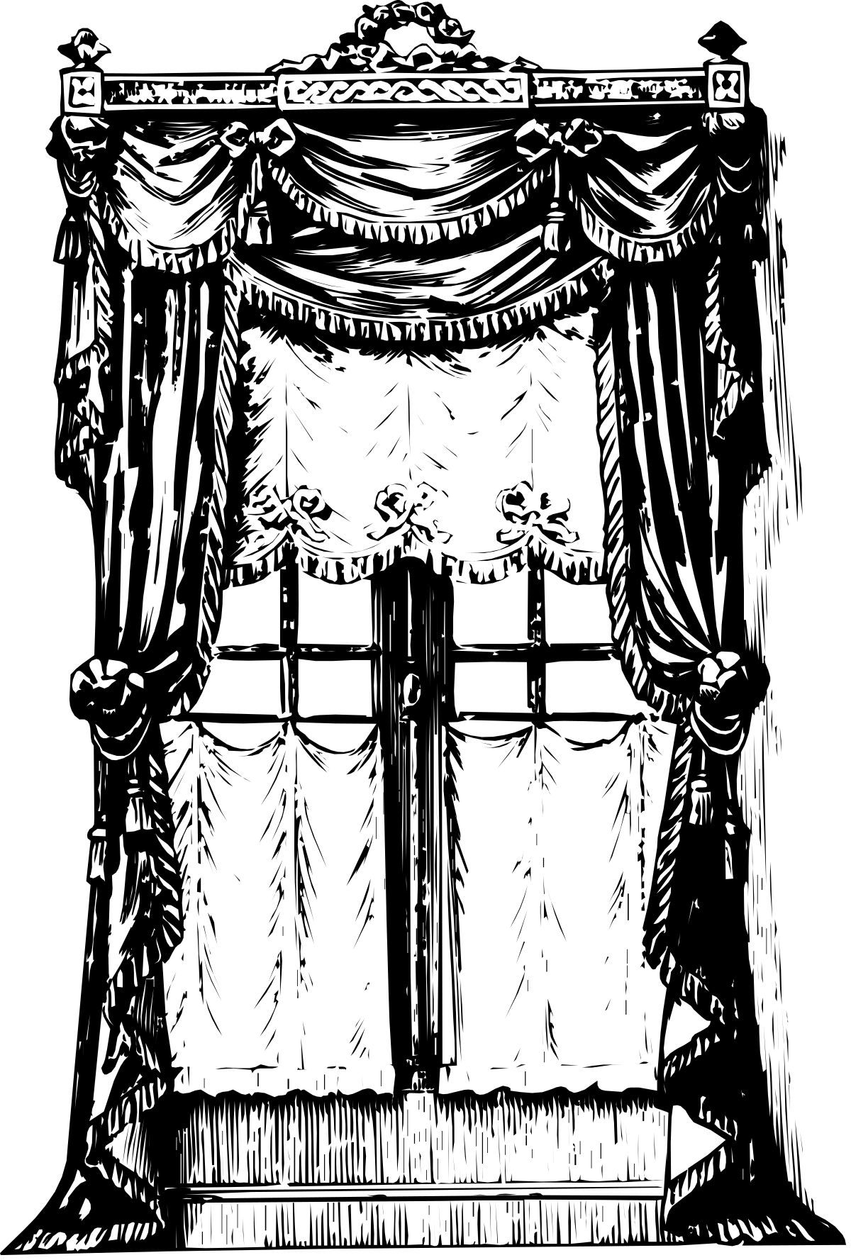 a black and white illustration of a stage with curtains clip art png transparent Black and White Stage with Curtains Clipart