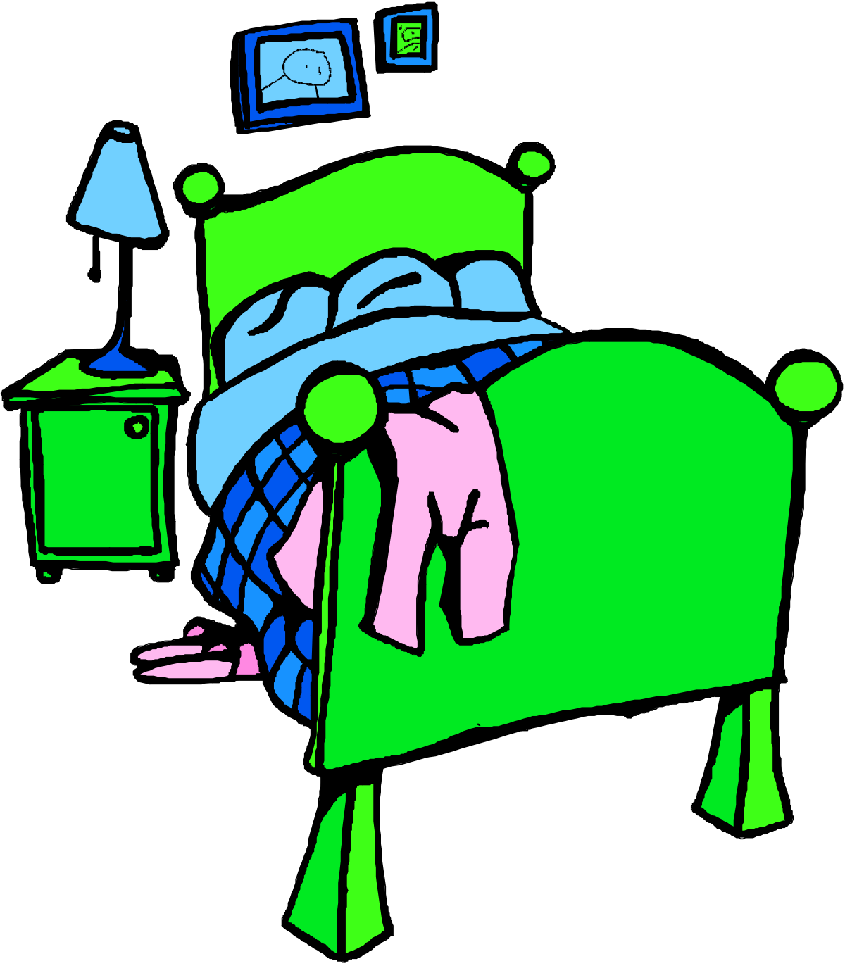 Bed with Green Headboard and Blue Blanket Clipart