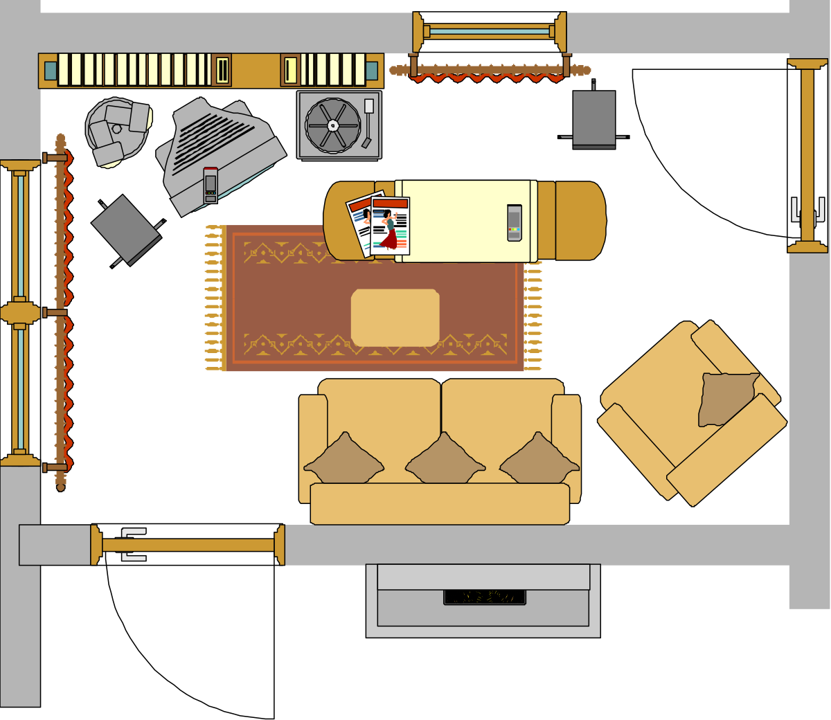 a room with a couch, a table and a television clip art png transparent Cozy Living Room with Couch, Table, and Television Clipart